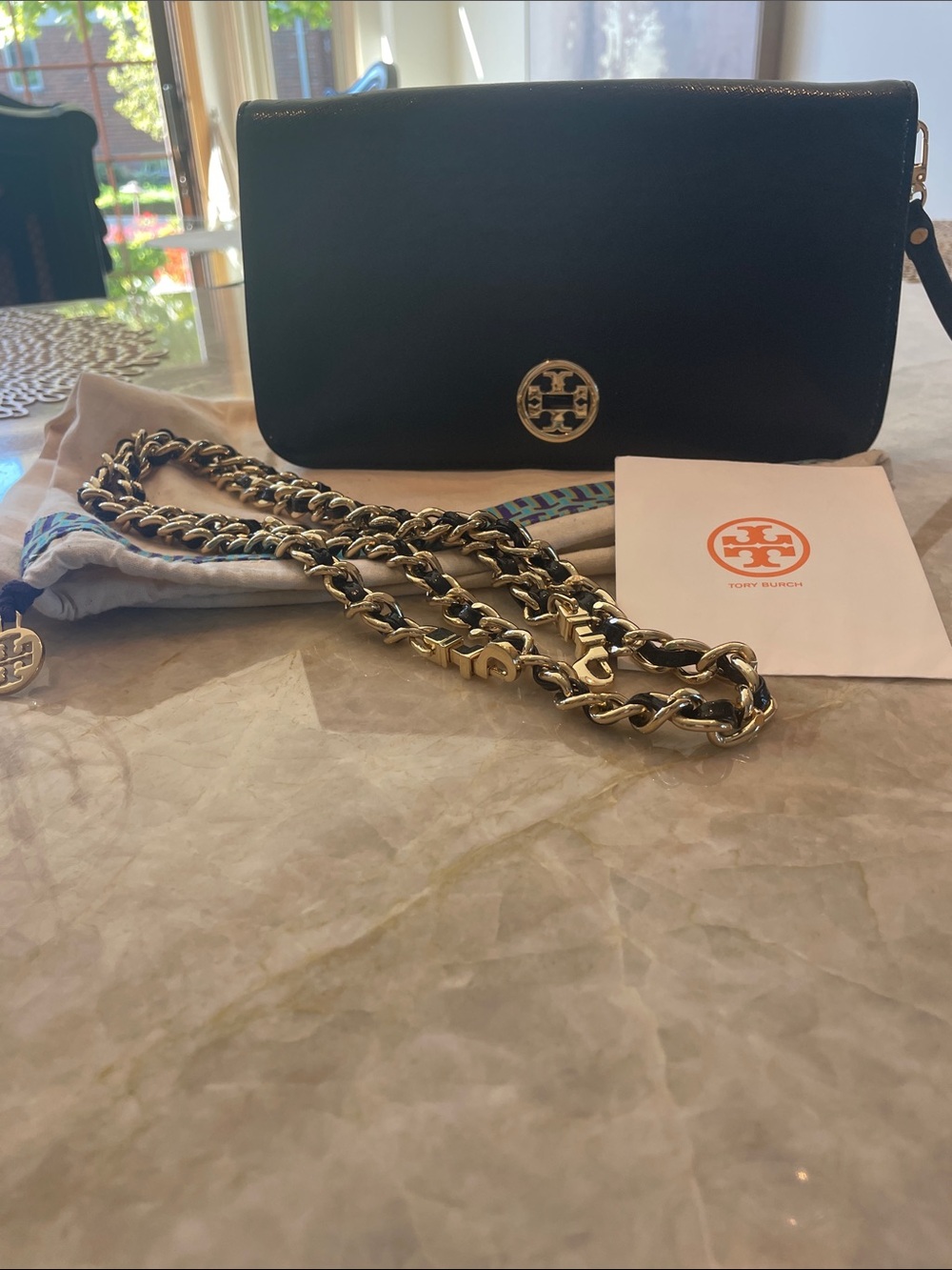 Tory Burch Black Leather Crossbody with Gold Chain